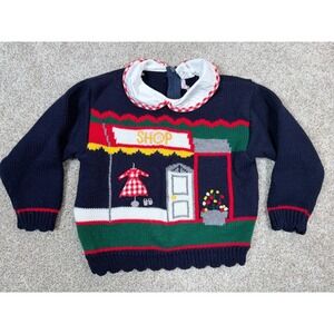 Vintage Kids Toddler Baby Girl 24 Months Navy Blue Shop Scene Knit Sweater